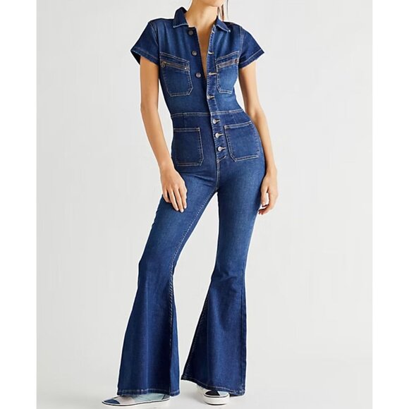 Free People Hearts Beat Stretch Denim Jumpsuit Coverall size XS flare legs - Picture 1 of 13